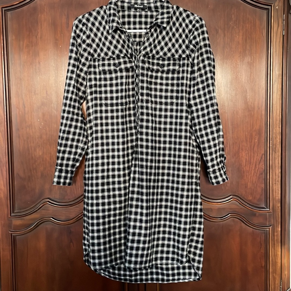 Madewell Plaid Shirt Dress XXS Black White Button Front Casual Dress